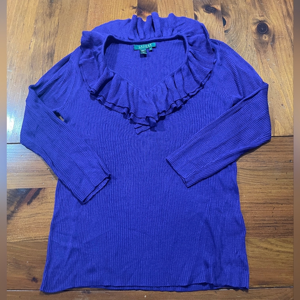 Lauren‎ Ralph Lauren Womens Purple 100% Silk Ribbed Ruffle V Neck Sweater Size M